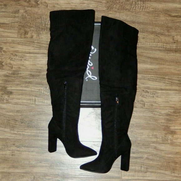 New Qupid Boots 6  OTK Over Knee Heel Black Faux Suede Embroidered Flowers - Picture 5 of 7